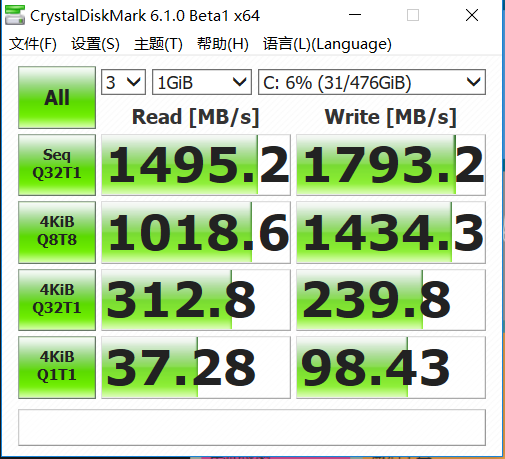 基于原装自带英特尔固态驱动的测试数据，测试软件为CrystalDiskMark 6.1.0 Beta1